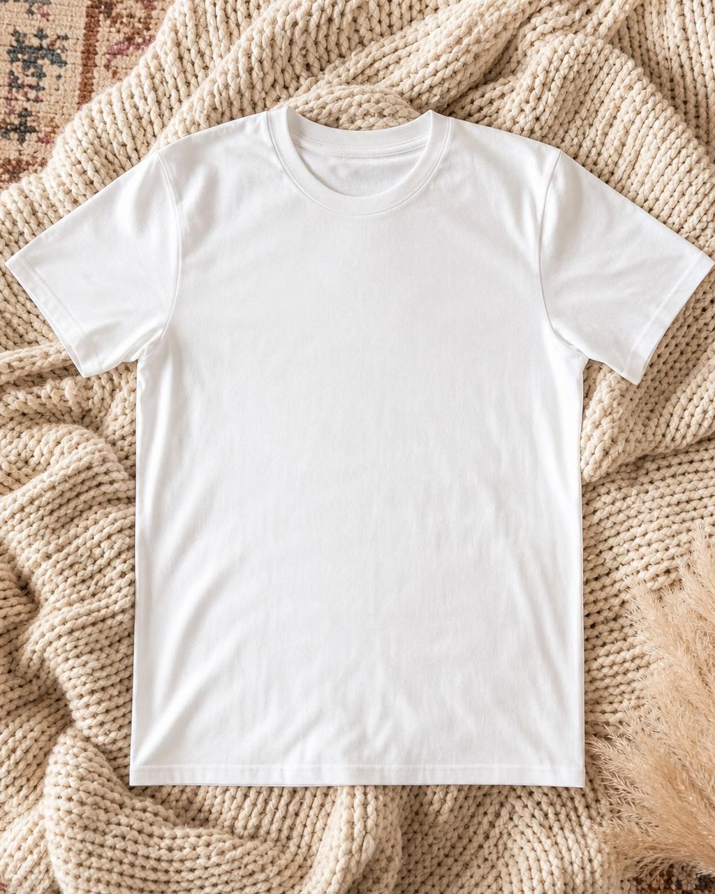 Blank t-shirt mockup — Cream chunky knit blanket styling