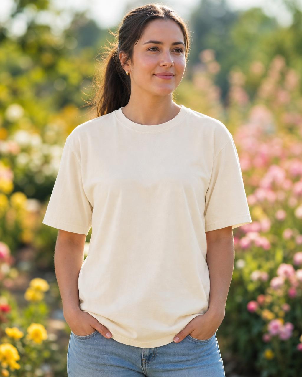 Blank t-shirt mockup — Blooming spring garden, soft sunlight