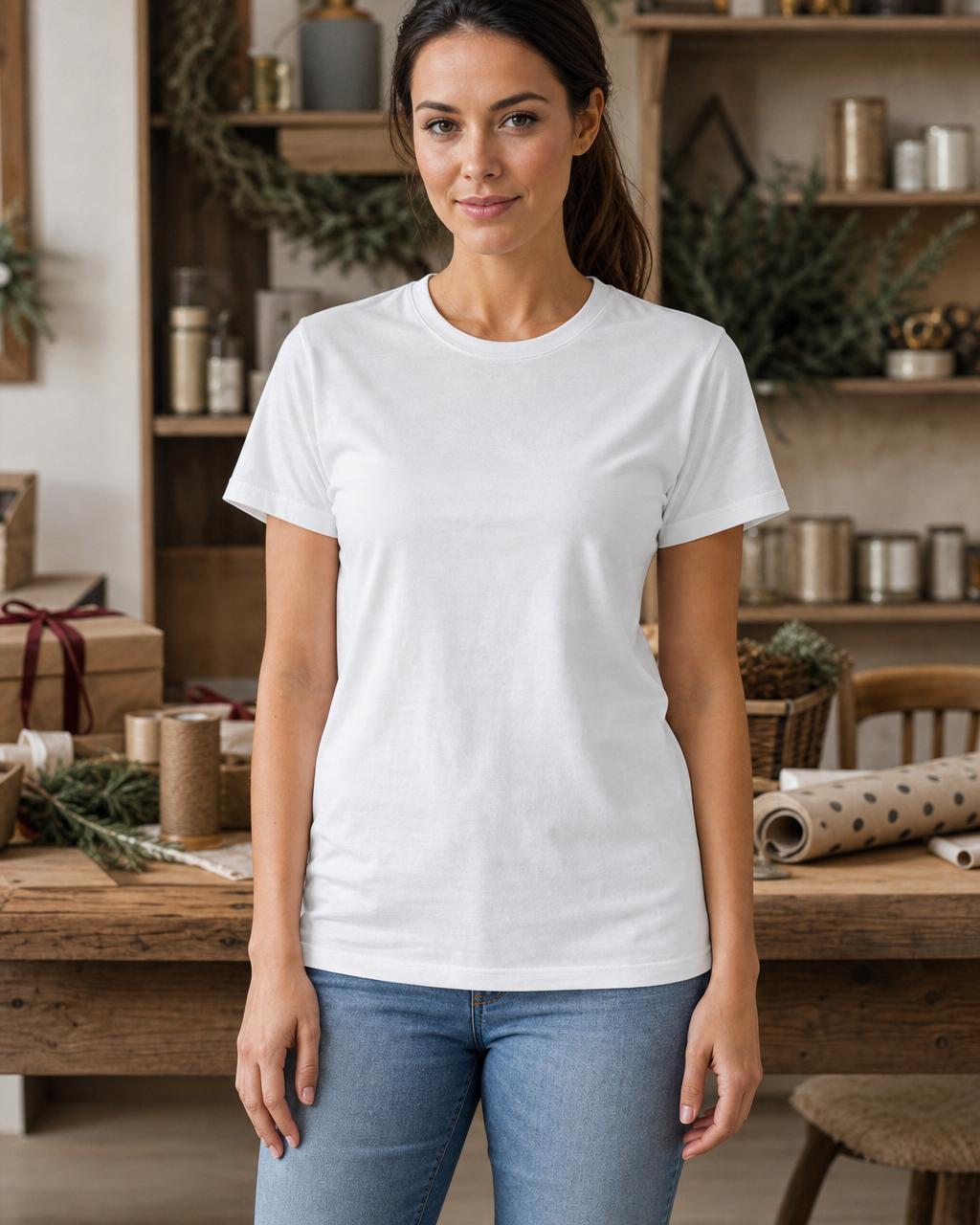 Blank t-shirt mockup — Kraft paper, ribbon, neutral holiday decor