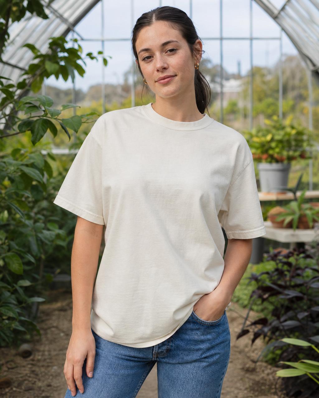 Blank t-shirt mockup — Plant-filled greenhouse, diffused daylight