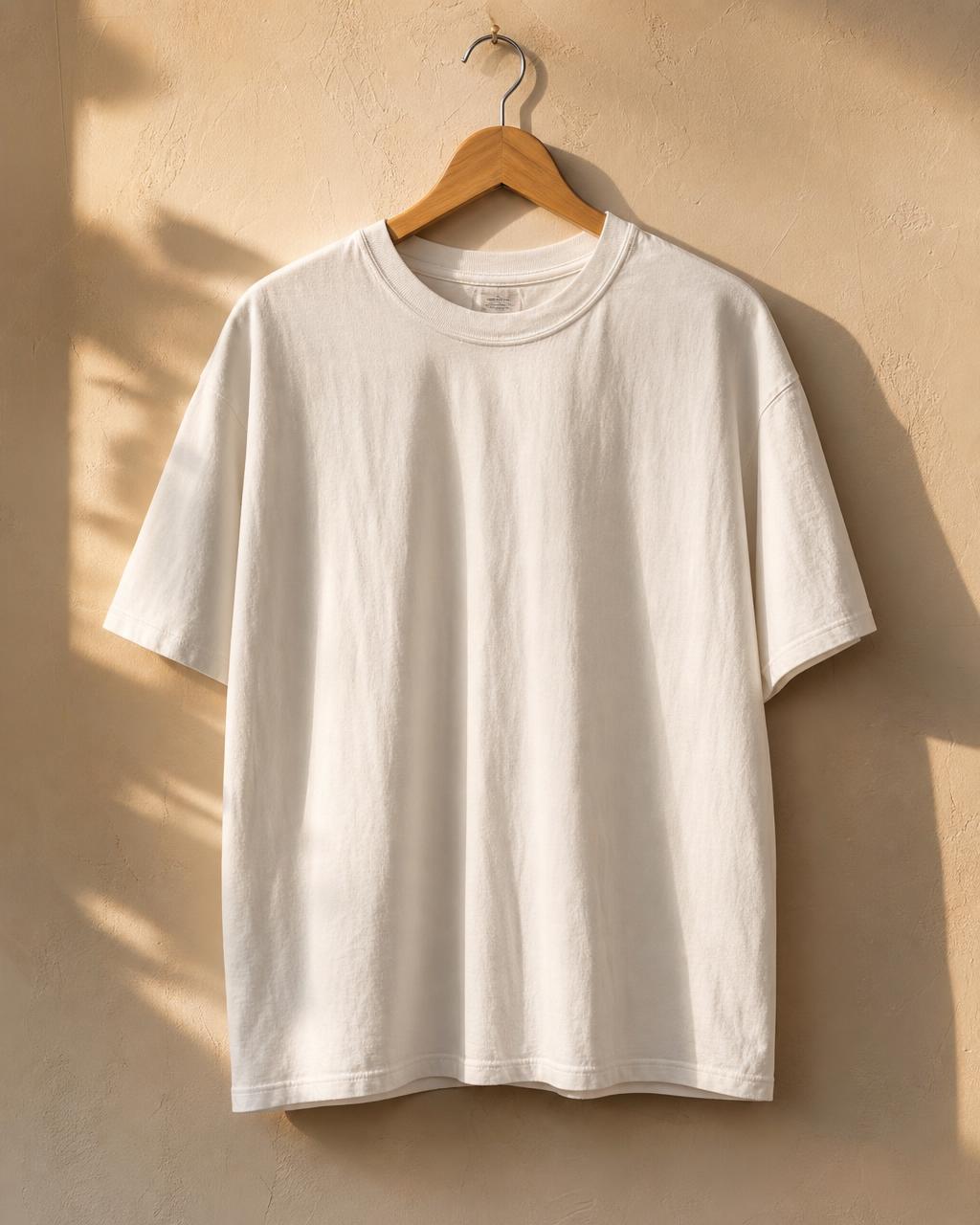 Blank t-shirt mockup — Wooden hanger on warm plaster wall