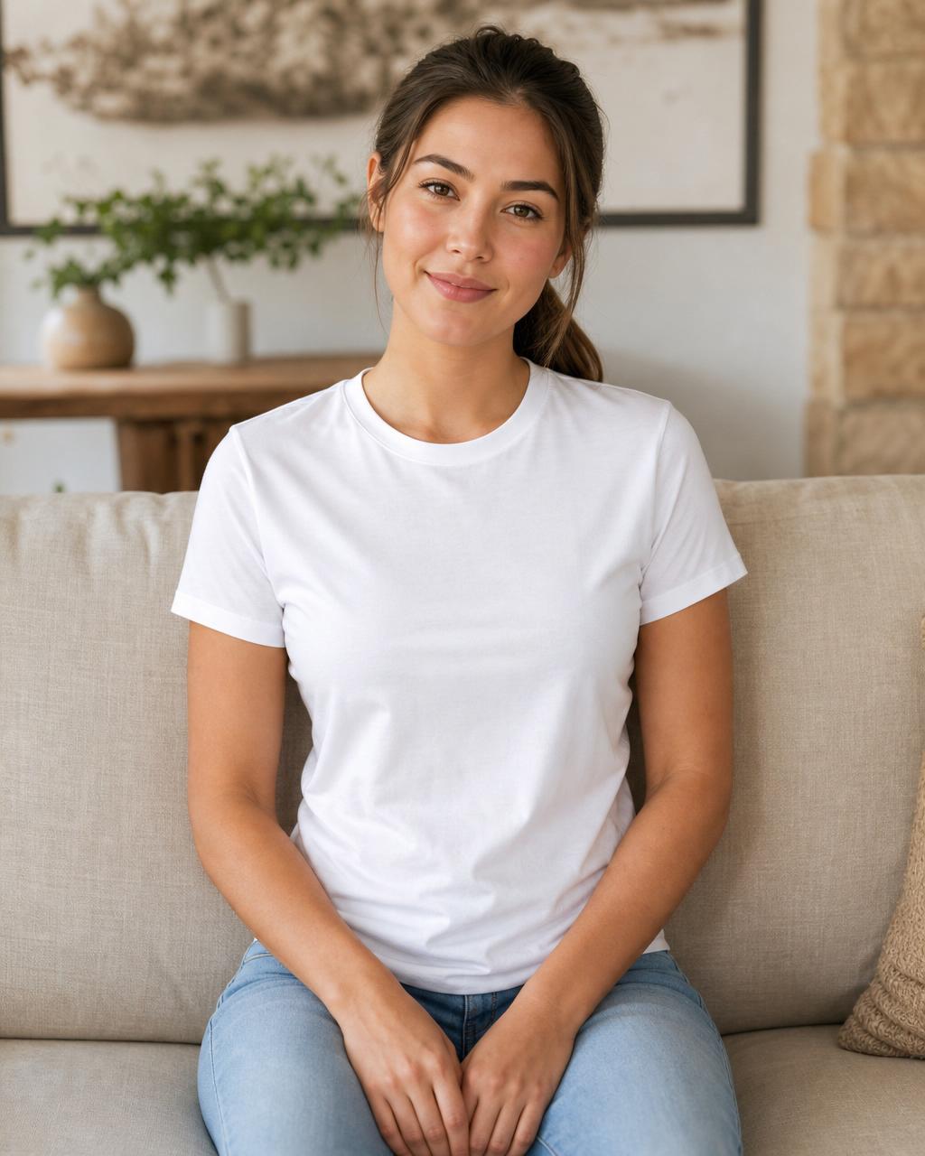Blank t-shirt mockup — Beige linen couch, warm window light