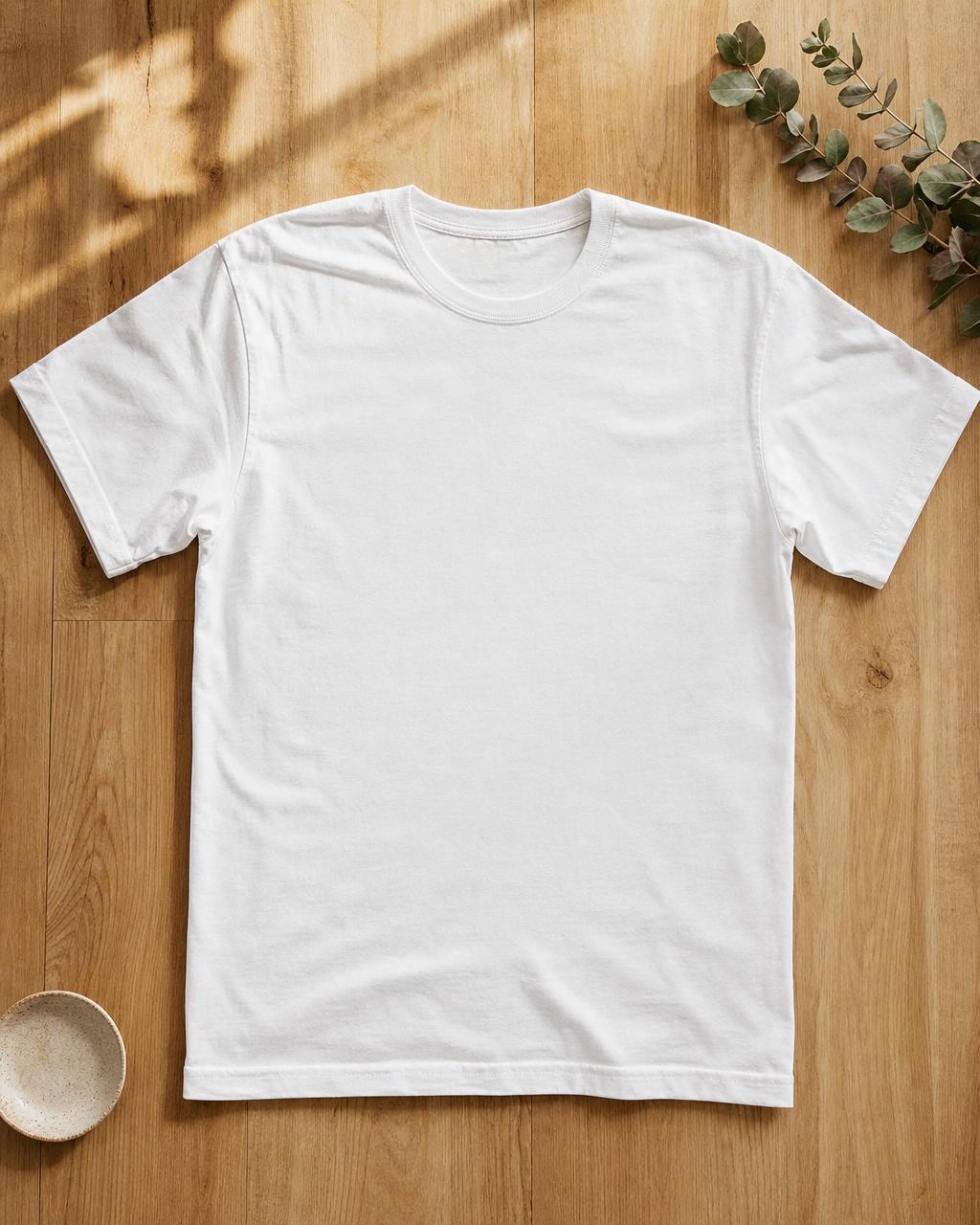 Blank t-shirt mockup — Top down on warm light wood
